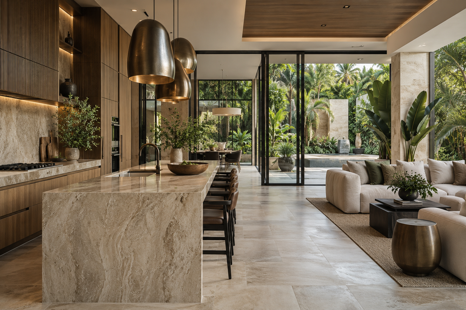 Warm stone and oak interior opening to a tropical courtyard